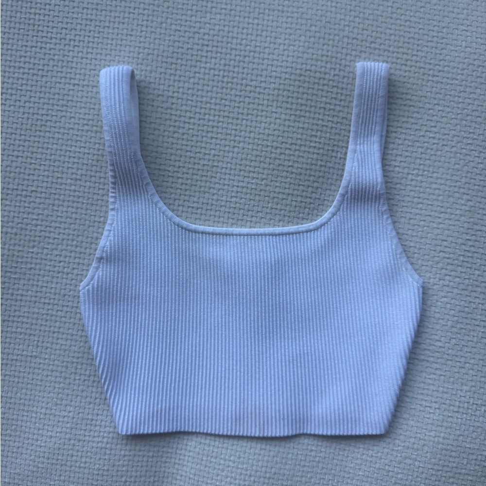 Babaton White Ribbed Square-Neck Crop Top